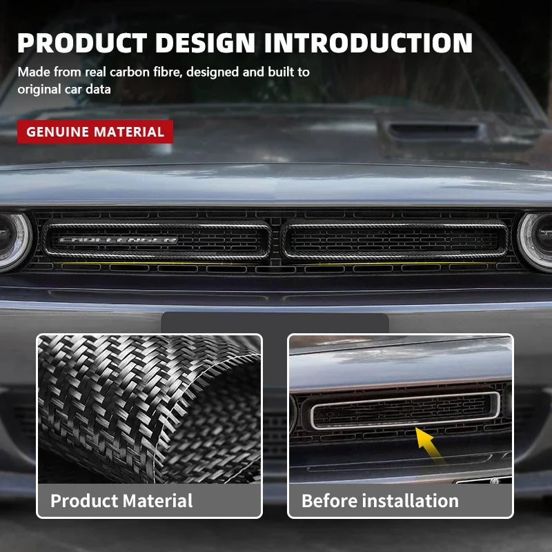 2015-2023 For Dodge Challenger Grille Trim Frame Genuine Carbon Fiber 3D Decoration Sticker